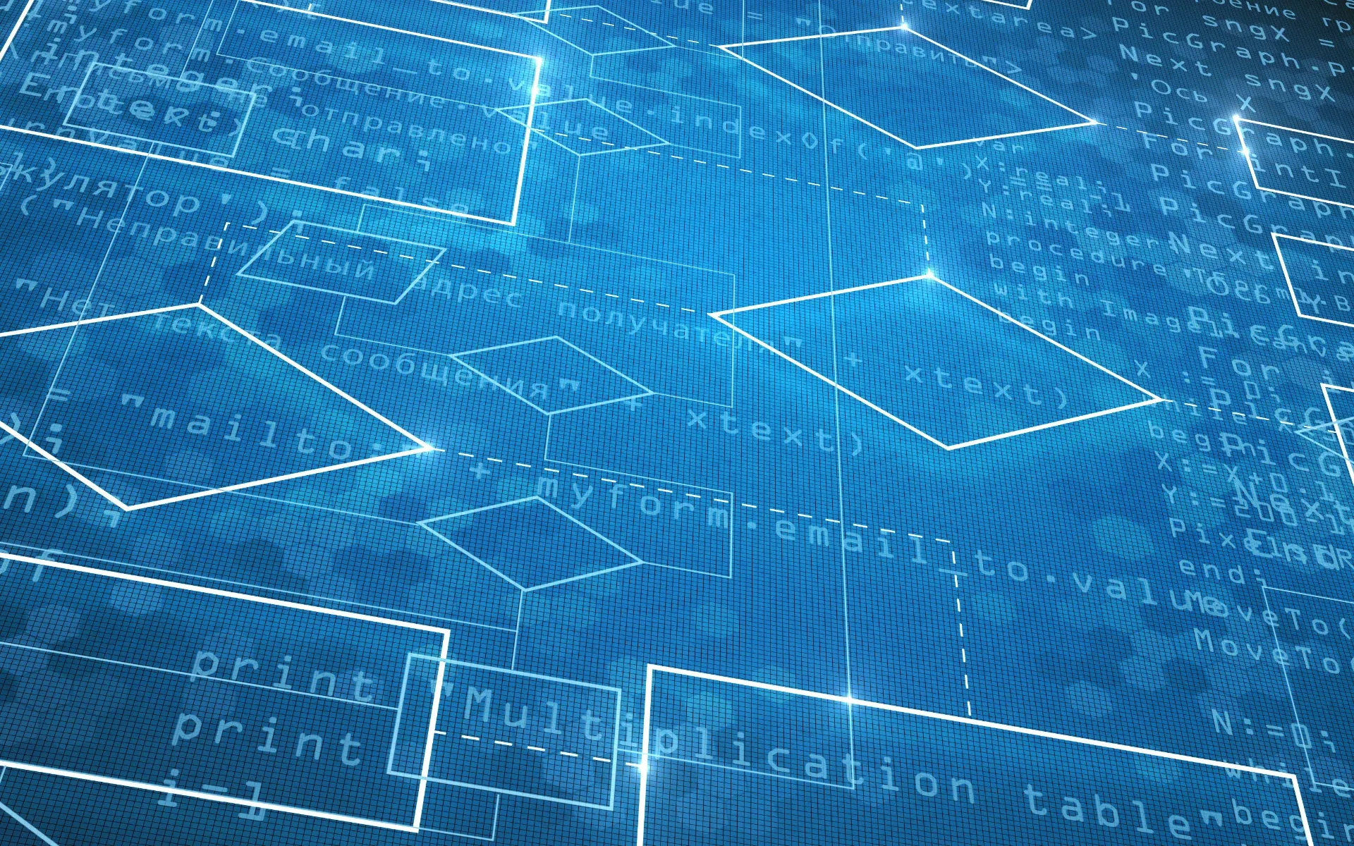 Program code and flowchart on a blue background