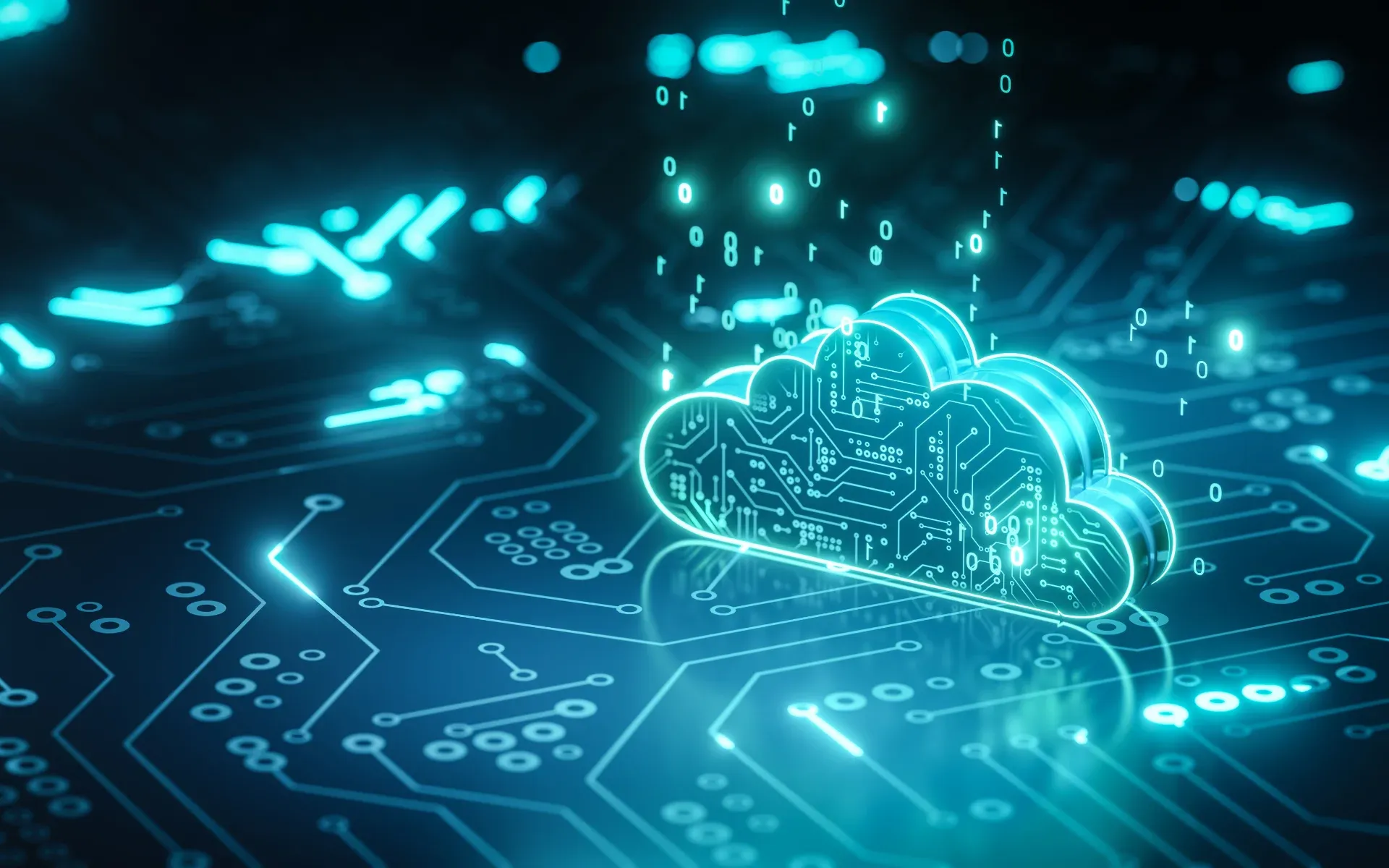 Glowing cloud icon on a circuit board