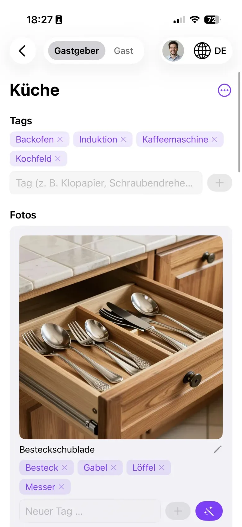 Inventary-App: Raum „Küche“ mit Schlagworten, die die KI zu einem Foto der Besteckschublade vorschlägt