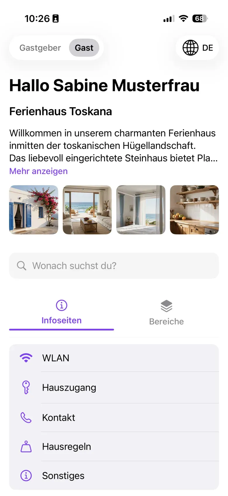 Inventary-App in der Gastansicht mit Suche und Infoseiten wie WLAN, Hauszugang und Hausregeln
