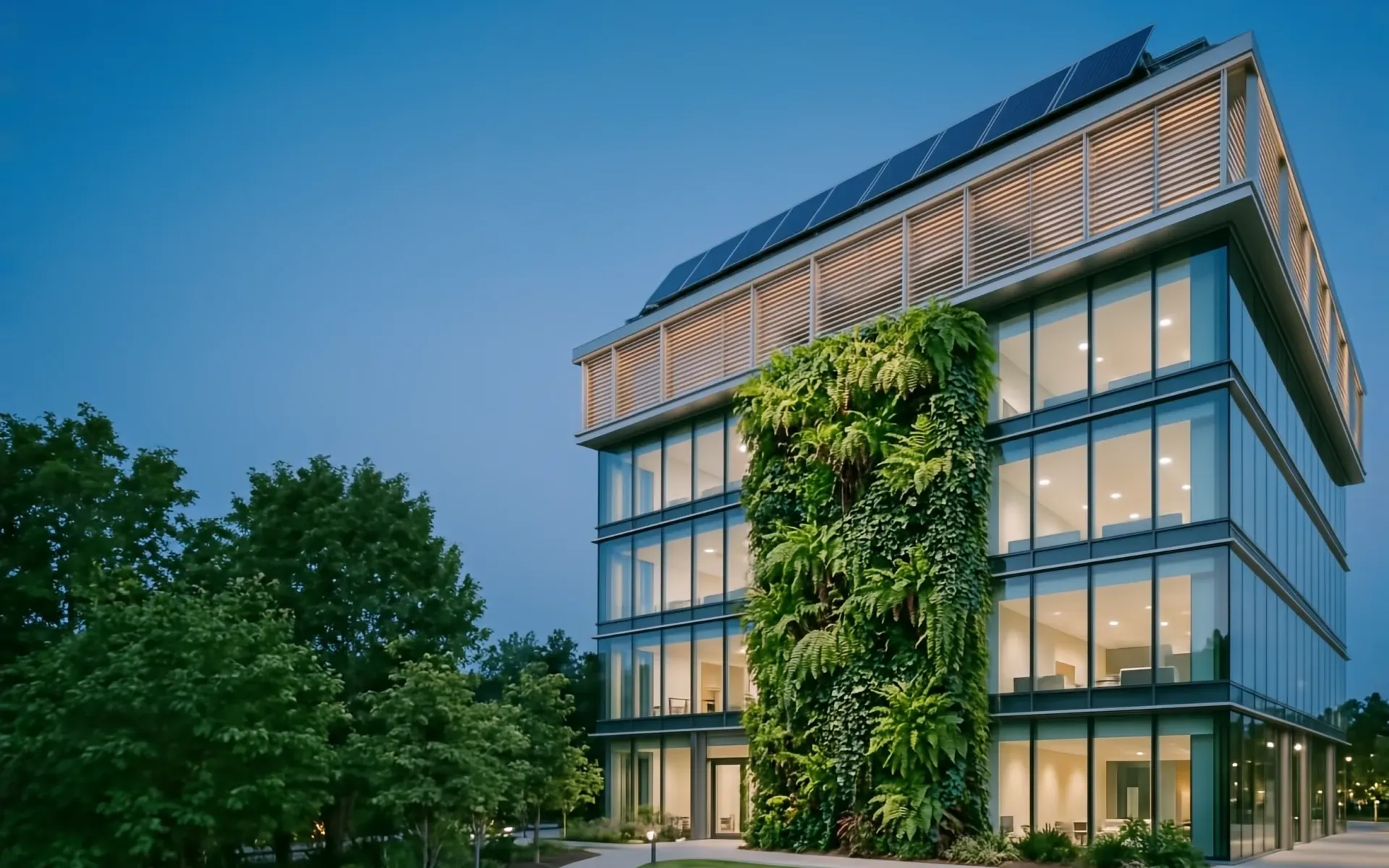 Bürogebäude mit begrünter Fassade, Sonnenschutzlamellen und Solaranlage in der Abenddämmerung