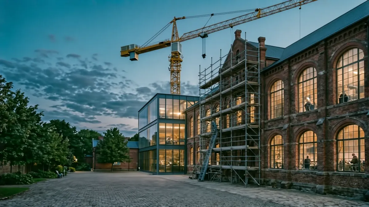 Historische Fabrikhalle aus rotem Backstein in der Abenddämmerung, teilweise eingerüstet, mit einem modernen Anbau aus Glas und Stahl und einem Baukran, hinter den Fenstern wird weitergearbeitet