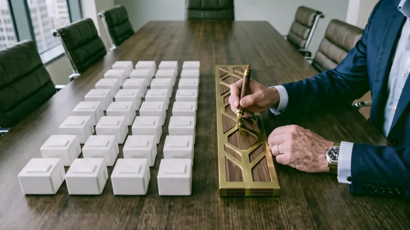 Führungskraft arbeitet am Konferenztisch an einem individuell gefertigten Bauteil aus Messing und Walnussholz, daneben ein Raster identischer weißer Bausteine