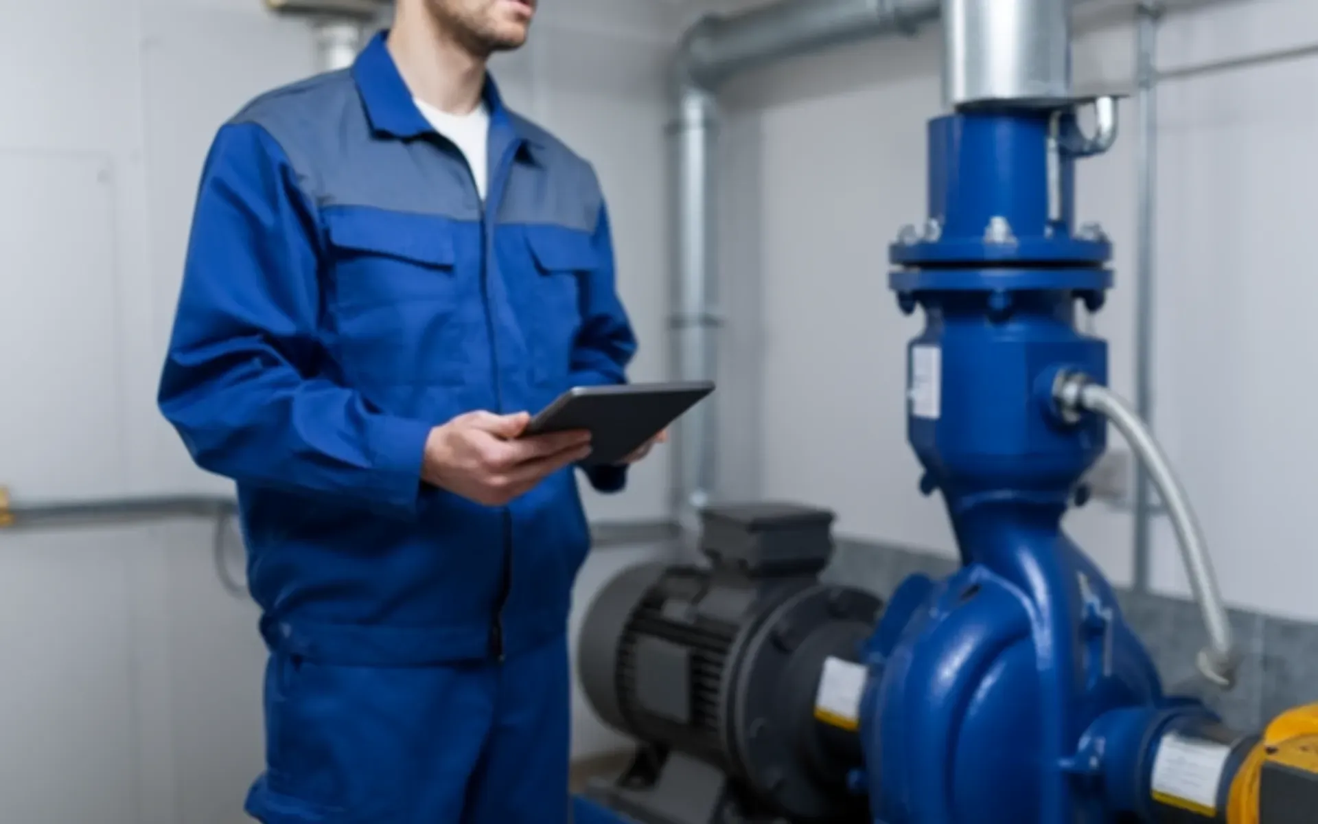 Servicetechniker dokumentiert an einer Industriepumpe im Technikraum seinen Einsatz auf dem Smartphone