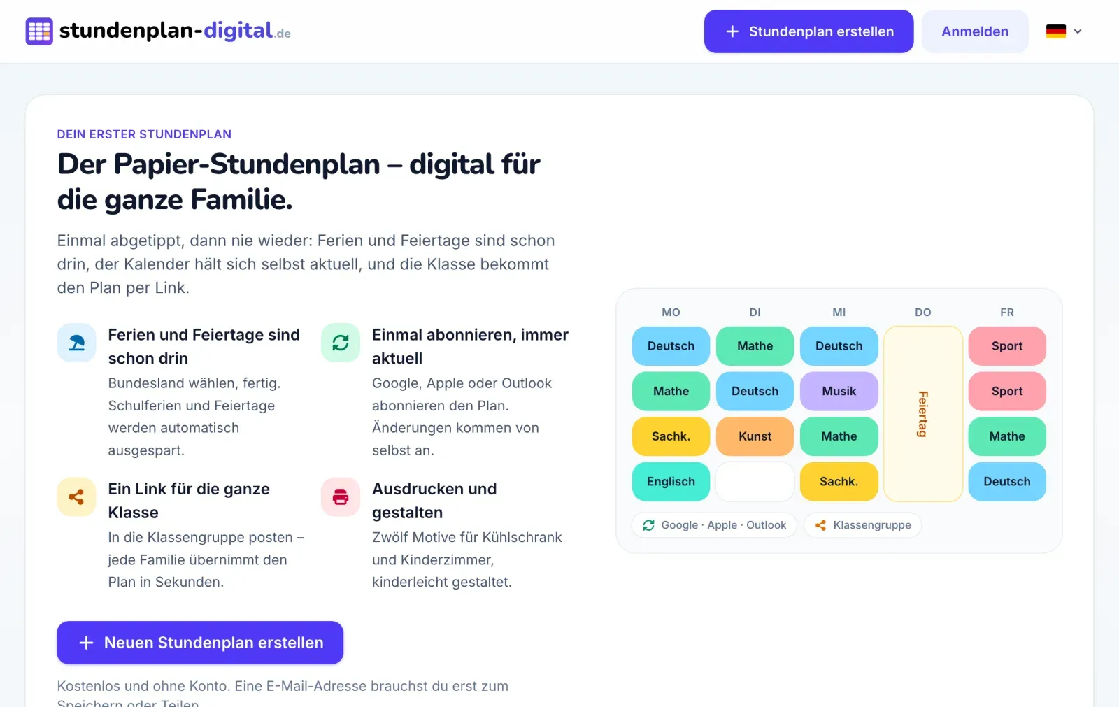 Stundenplan-Digital im Browser: Wochenplan mit farbigen Fächern, der Feiertag am Donnerstag ist ausgespart