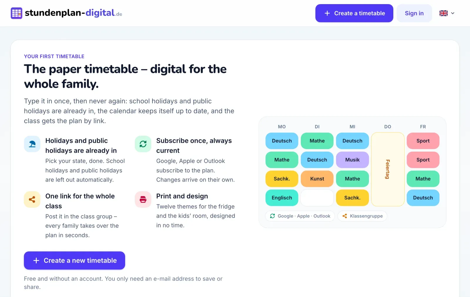 Stundenplan-Digital in the browser: a weekly timetable with colour-coded subjects, with the public holiday on Thursday left out
