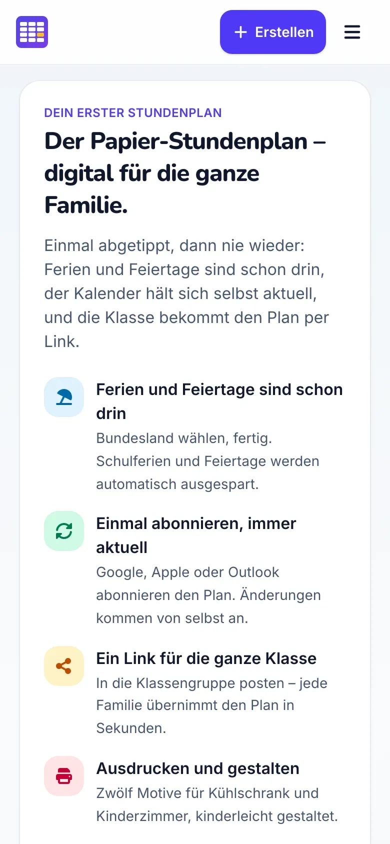 Die Startseite der Web-App auf dem Smartphone: Ferien und Feiertage, Kalender-Abo, ein Link für die Klasse und Druckvorlagen