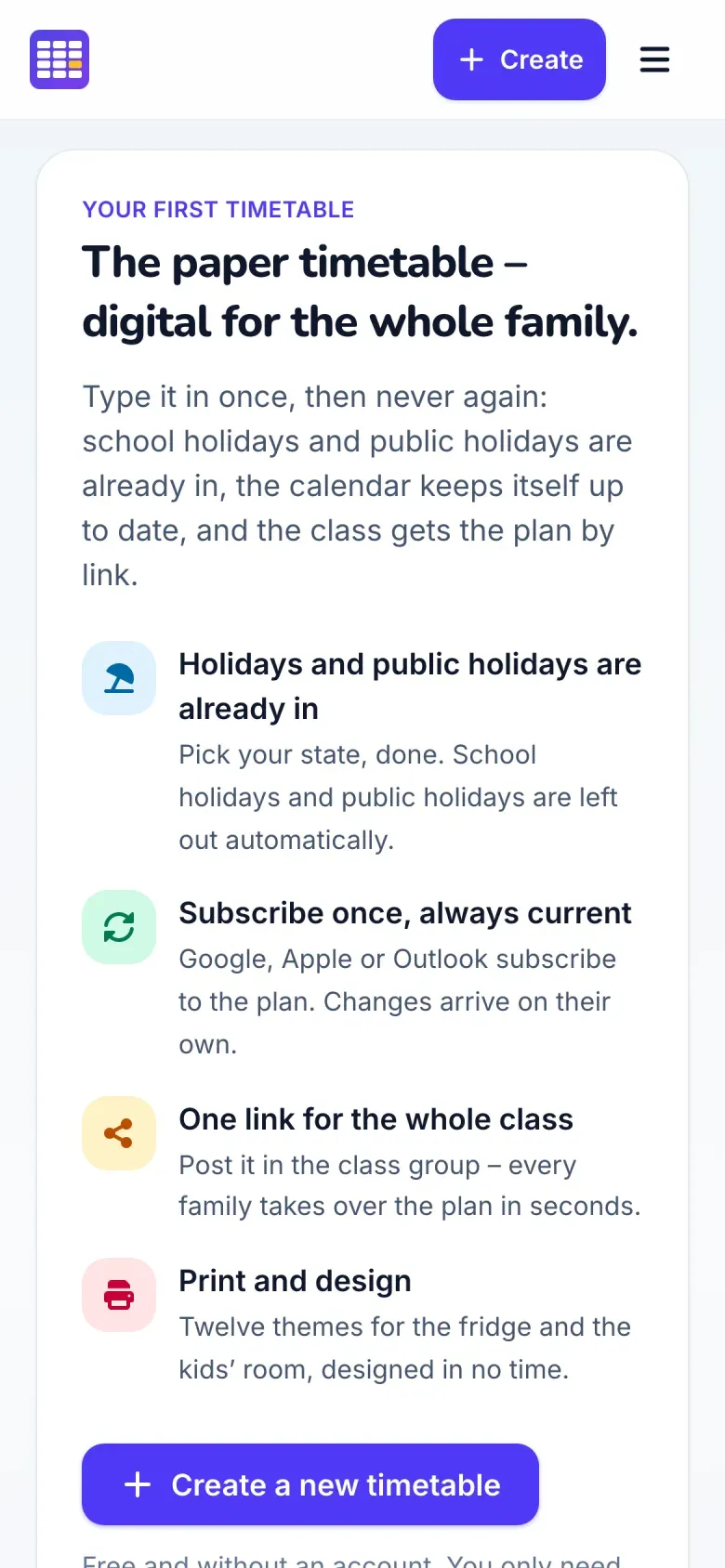 The web app's start page on a smartphone: holidays, calendar subscription, one link for the class and print designs