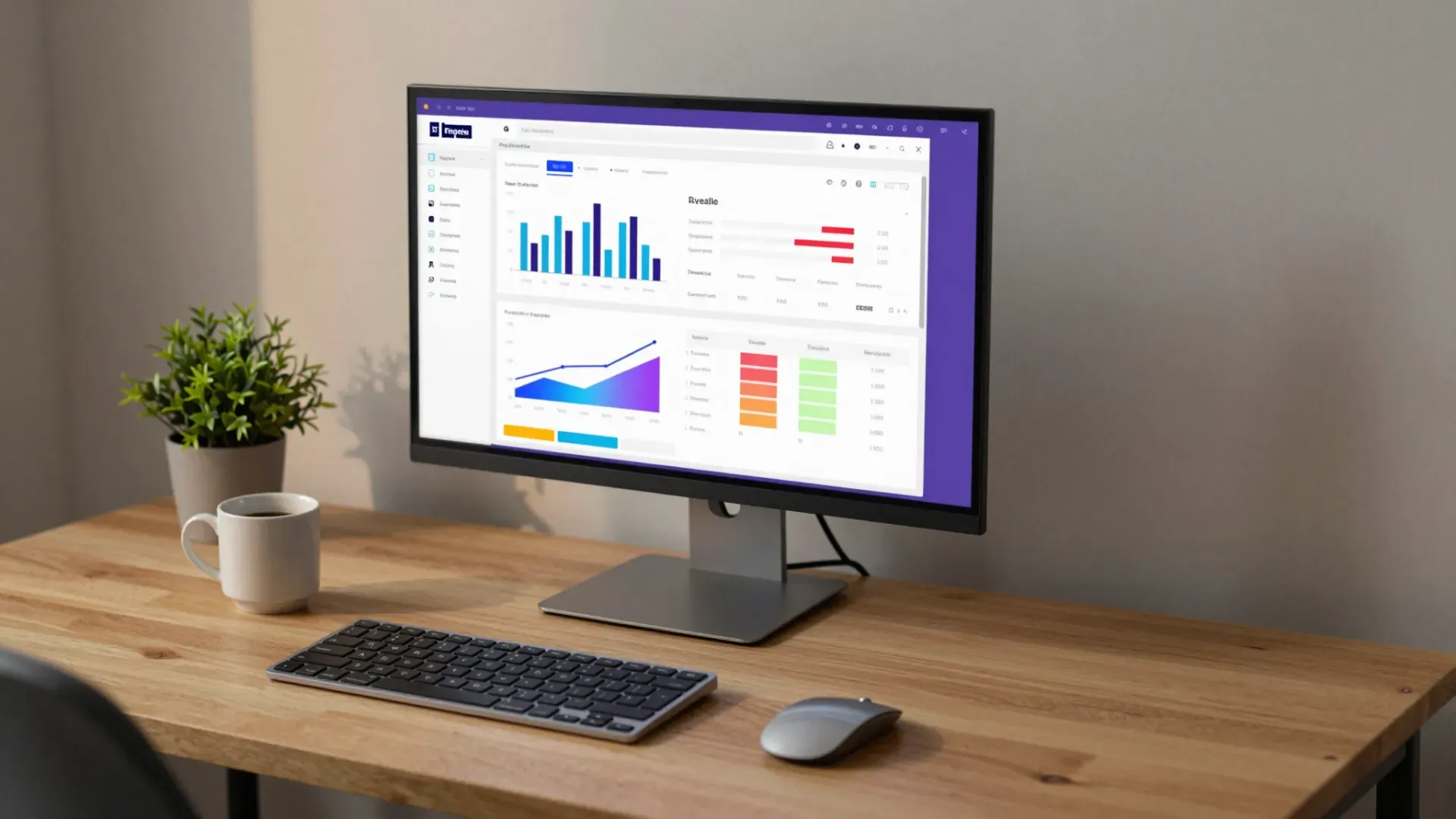 Großer Monitor mit einer Webanwendung im Browser, die Diagramme und Tabellen zeigt, auf einem aufgeräumten Schreibtisch