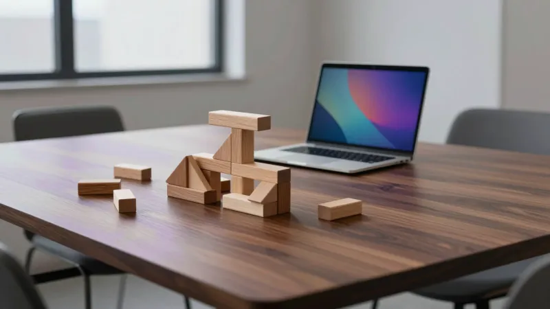 Individuell zusammengesetzte Holzbausteine auf einem Konferenztisch neben einem aufgeklappten Laptop