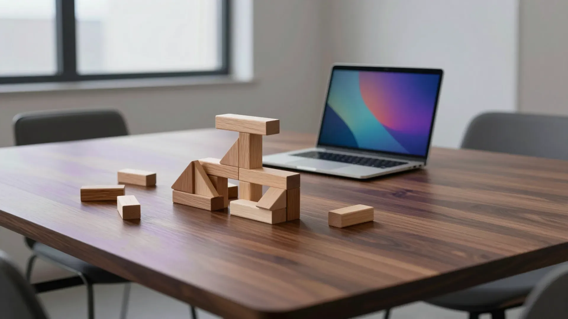 Individuell zusammengesetzte Holzbausteine auf einem Konferenztisch neben einem aufgeklappten Laptop