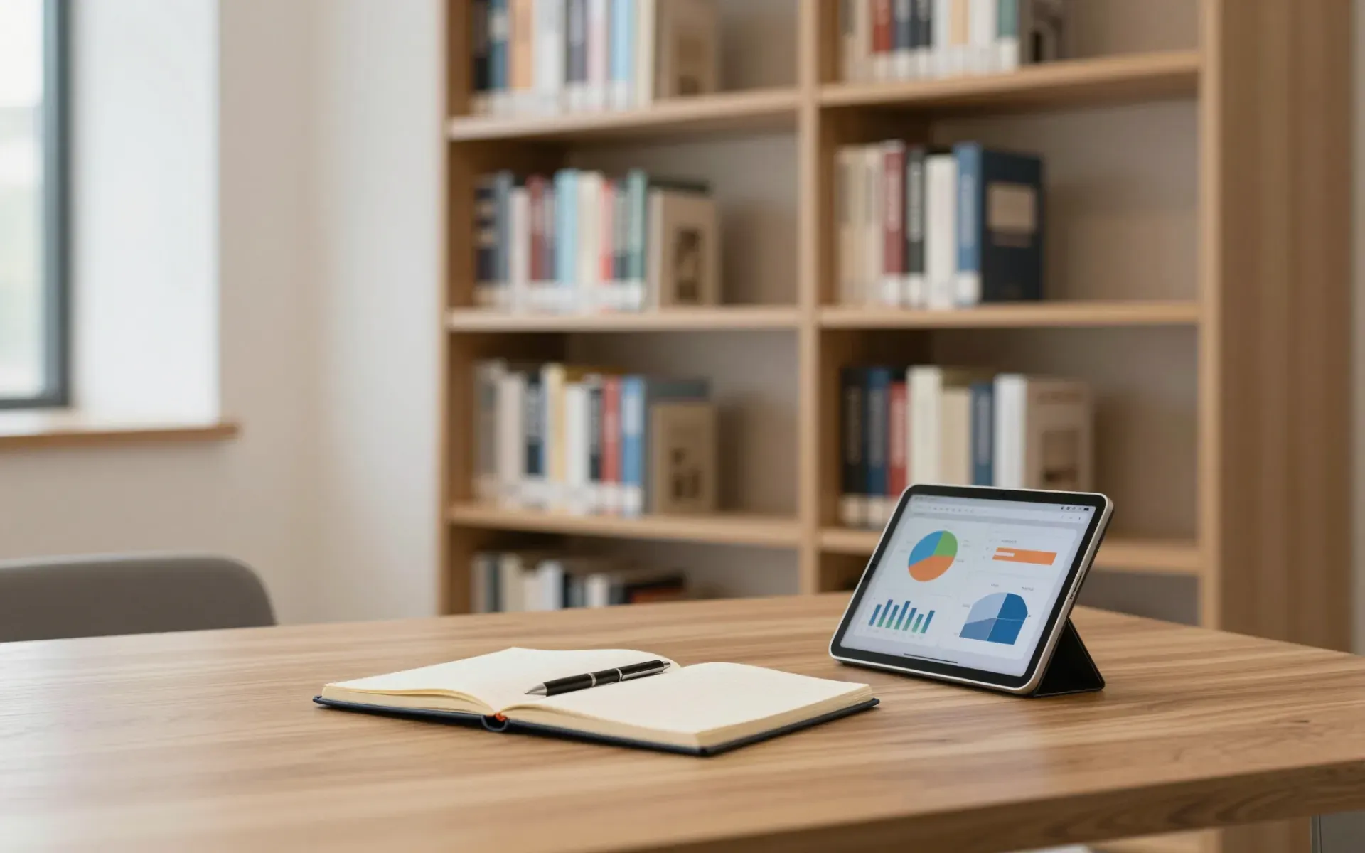 Bücherregal in einem hellen Büro, davor ein Holztisch mit aufgeschlagenem Notizbuch und Tablet